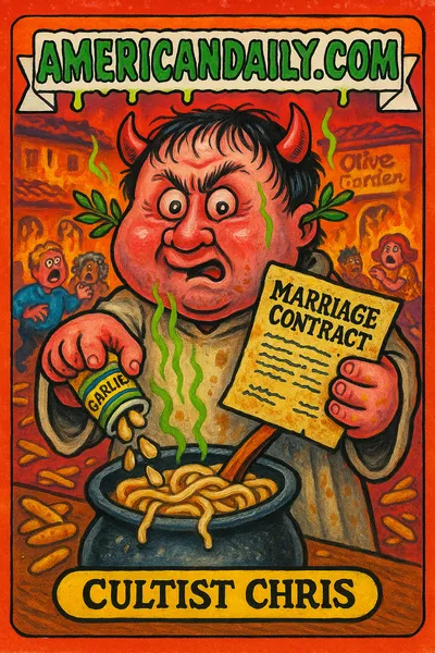 A grotesque character named Cultist Chris, resembling a devilish figure with exaggerated features, holds a marriage contract and sprinkles garlic into pasta in a chaotic Olive Garden.