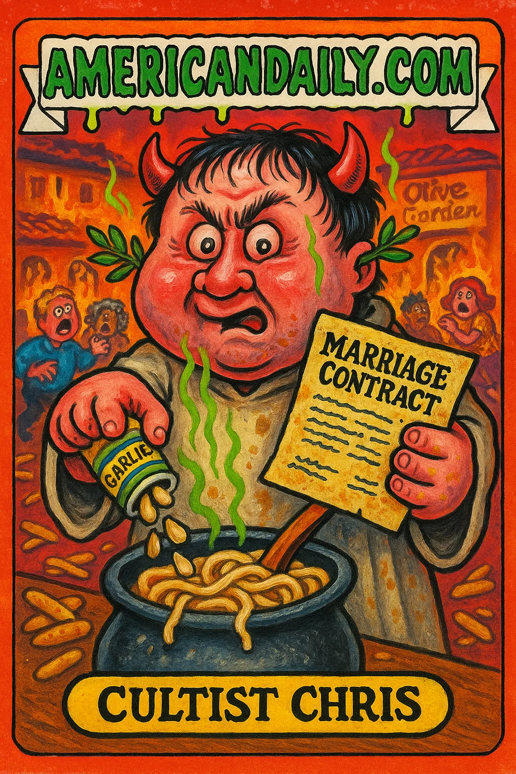 A grotesque character named Cultist Chris, resembling a devilish figure with exaggerated features, holds a marriage contract and sprinkles garlic into pasta in a chaotic Olive Garden.