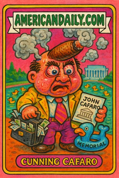A grotesque caricature of John Cafaro puffing a cigar, with an overfilled briefcase, at the Lincoln Memorial pool packed with rubber ducks.