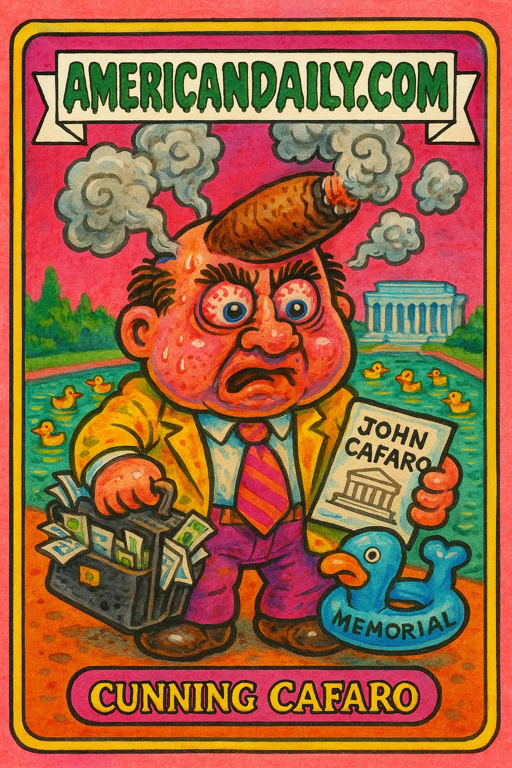 A grotesque caricature of John Cafaro puffing a cigar, with an overfilled briefcase, at the Lincoln Memorial pool packed with rubber ducks.