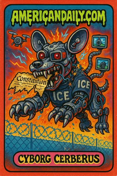 A grotesque robotic dog with steel teeth, camera eyes, and ICE uniform, holding a torn Constitution in its mouth amidst a tech-dystopian border background.