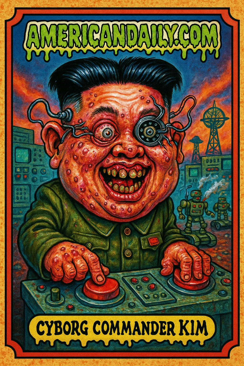 A grotesque cartoon of Kim Jong-un with a massive head and mechanical eyes, surrounded by comedic robot soldiers in a dystopian scene.