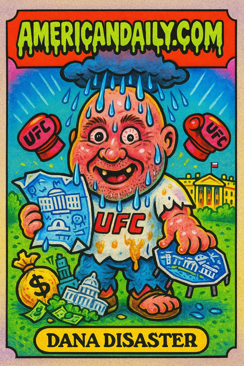 Trading card illustration of Dana White with an oversized head in a chaotic outdoors scene, drenched in rain, holding a blueprint and broken octagon.