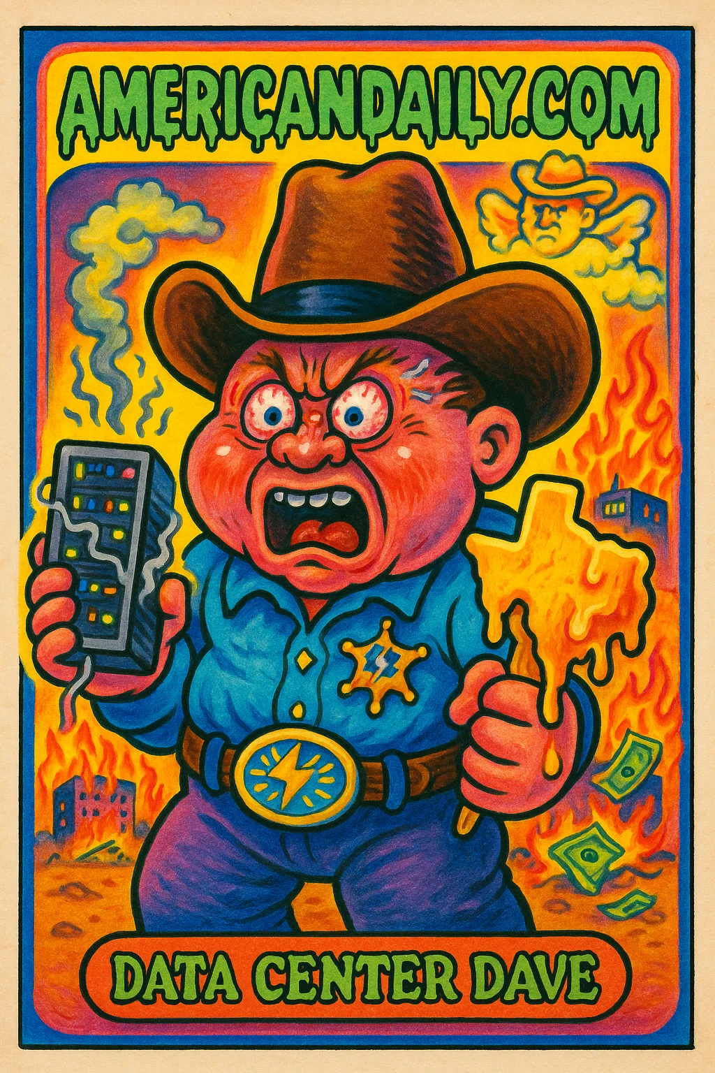 An exaggerated cowboy preacher praying under a hot Texas sun with a smoking server, melting Texas ice cream, and dollar bills on fire.