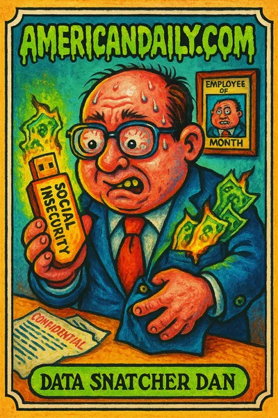 A grotesque cartoon of a nervous government employee desperately trying to hide a glowing USB drive in his pocket, surrounded by scattered confidential papers in a shabby office.