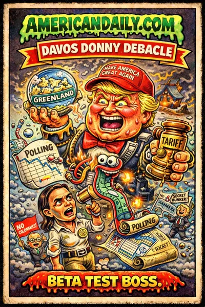 Cartoon Garbage Pail Kids-style image of Donald Trump juggling a cracked Greenland snow globe, tariff gavel, polling chart, and bunker blueprint, with tiny European leaders and a chaotic Davos backdrop.