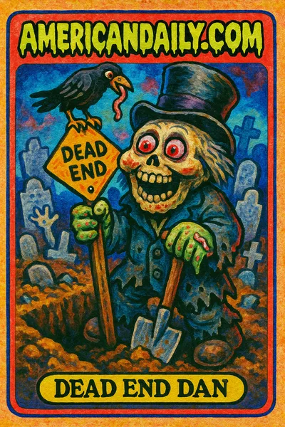 A grotesquely funny character holds a 'Dead End' sign in a chaotic cemetery with skeletal features and a crow on their hat.