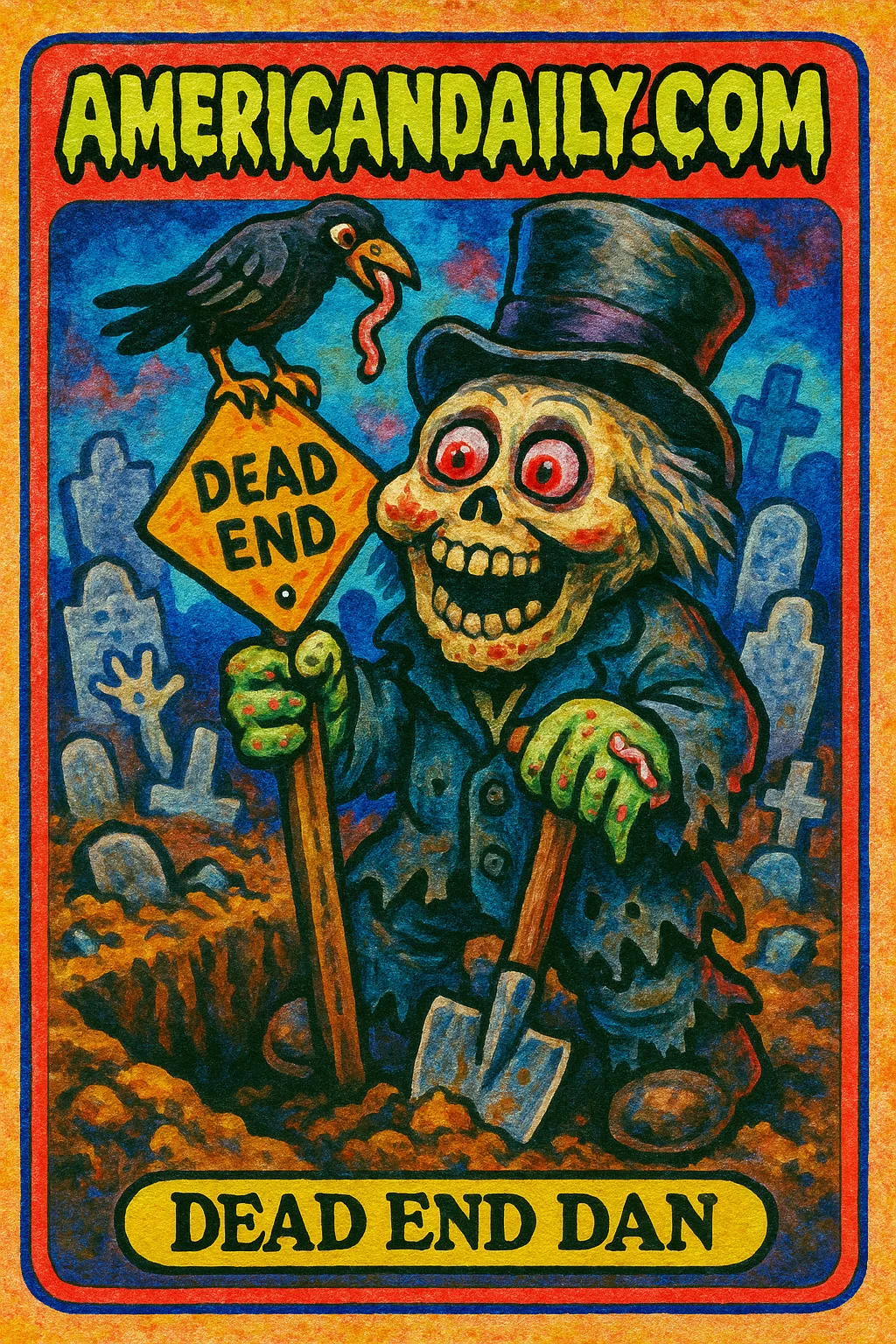 A grotesquely funny character holds a 'Dead End' sign in a chaotic cemetery with skeletal features and a crow on their hat.