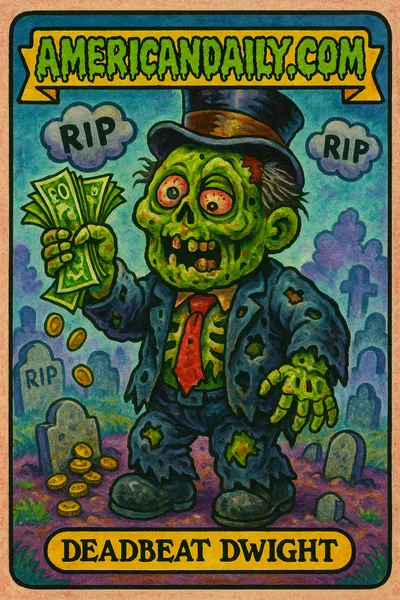 A grotesque character, 'Deadbeat Dwight', holding money in a graveyard setting, highlighting UK’s payments to deceased individuals.