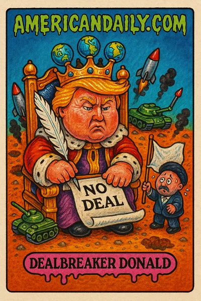 A satirical card depicting Donald Trump as 'Dealbreaker Donald' on a throne with a flustered Iranian diplomat.