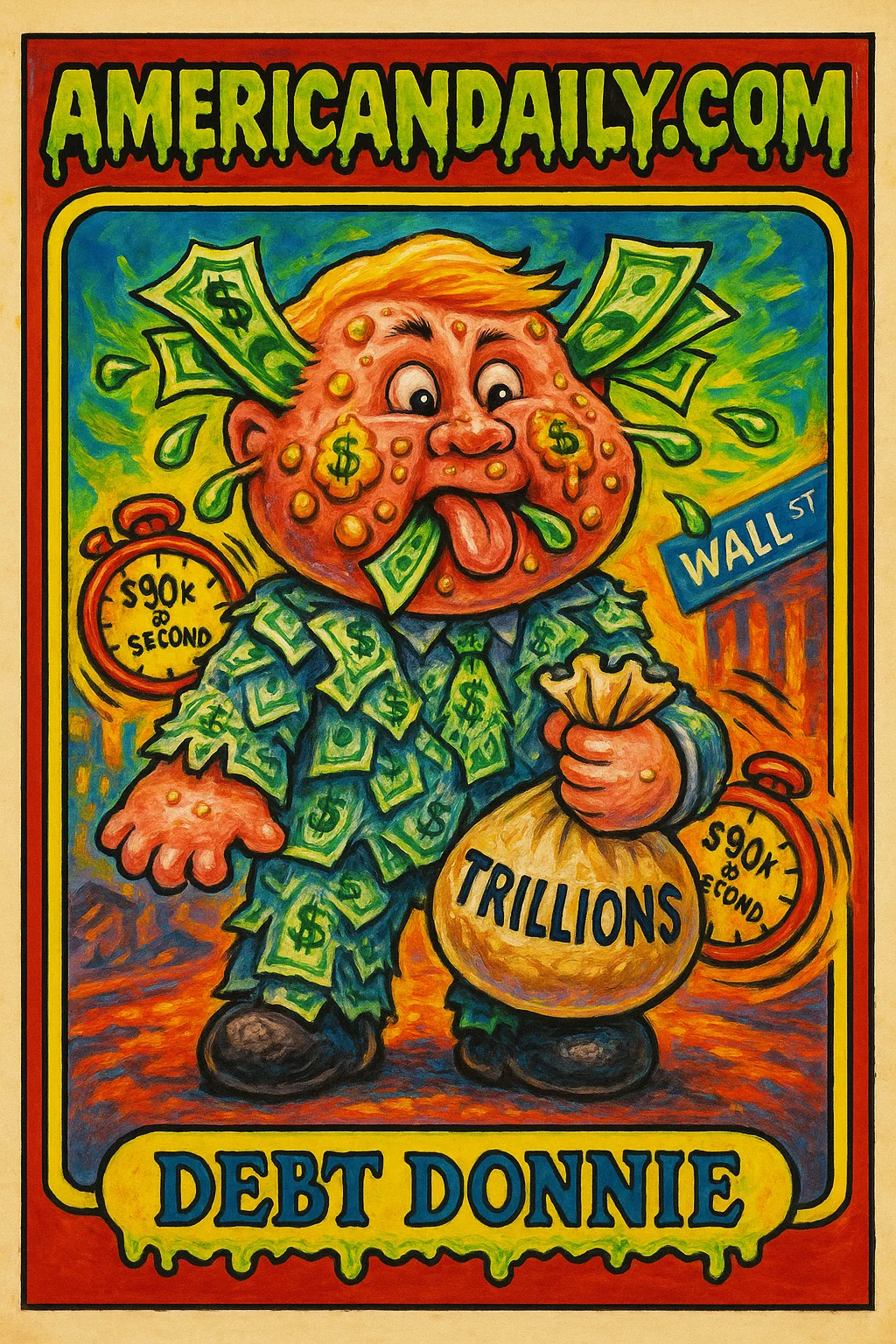 A grotesque character 'Debt Donnie' representing U.S. national debt with burst dollar bills, oozing pustules, and a chaotic monetary background.