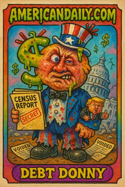 A grotesque, satirical portrayal of 'Debt Donny' with oversized dollar-sign head, crumbling Capitol, and controversial ballots, illustrating debt and political chaos.