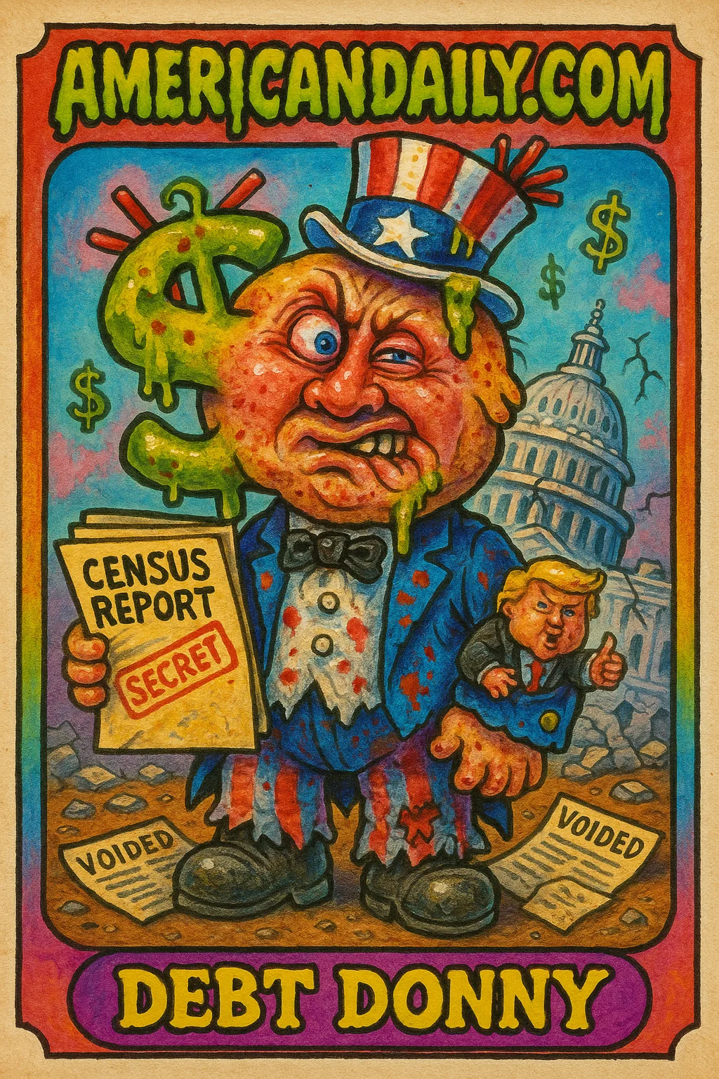 A grotesque, satirical portrayal of 'Debt Donny' with oversized dollar-sign head, crumbling Capitol, and controversial ballots, illustrating debt and political chaos.