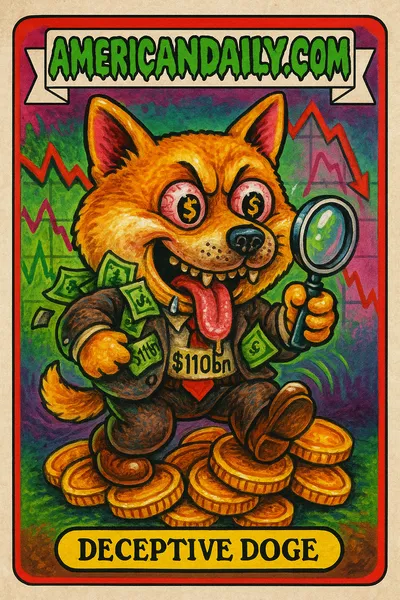 A grotesque Dogecoin Shiba Inu mascot in a business suit on a shaky pile of coins, with a slimy whistle and bursting dollar bills, symbolizing financial deceit.