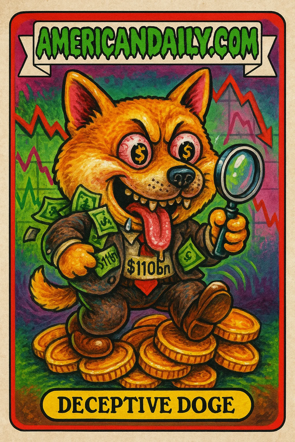 A grotesque Dogecoin Shiba Inu mascot in a business suit on a shaky pile of coins, with a slimy whistle and bursting dollar bills, symbolizing financial deceit.