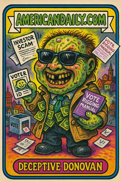 Cartoonish trading card featuring Deceptive Donovan, a grotesque political plotter with exaggerated features, surrounded by voting chaos.