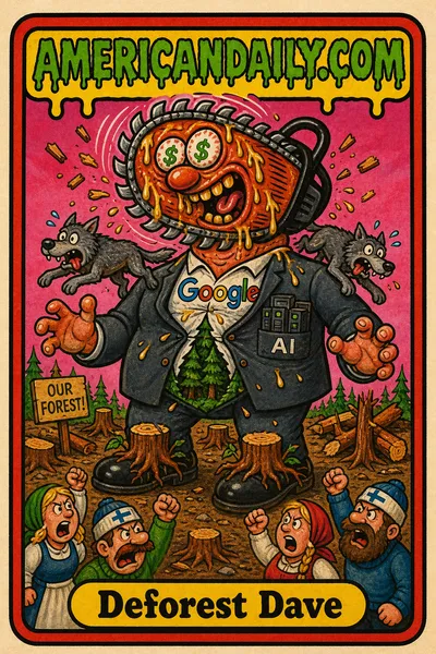 Grotesque caricature of Google exec with a chainsaw head, surrounded by felled trees and angry villagers, wolves on shoulders.