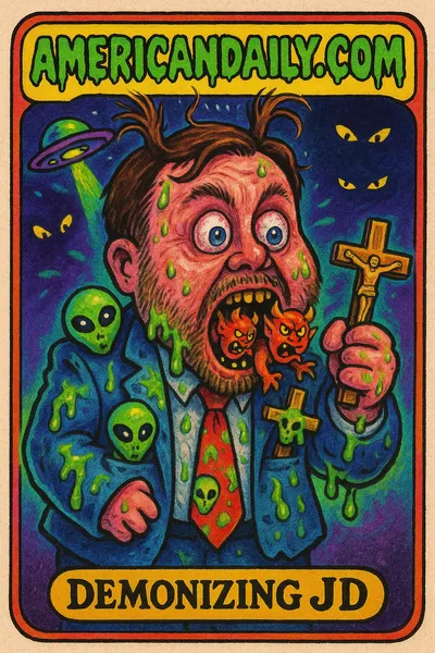A cartoonishly exaggerated JD Vance with bulging eyes and frazzled hair, spitting out tiny demons while holding a crucifix. Neon, grotesque style.
