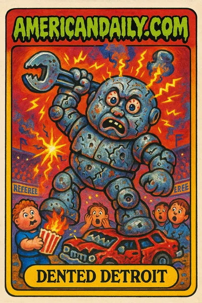 Trading card illustration of a grotesque, malfunctioning robot in a chaotic arena, swinging a massive wrench with sparks flying.