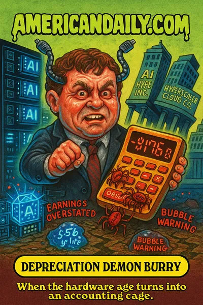 Cartoon trading card depicting Michael Burry as "Depreciation Demon Burry" with cable-horns and a glowing calculator, standing among towering AI-chip server racks and leaning tech buildings labelled "AI Hype Inc.", ground cracked with words like "Earnings Overstated" and "CapEx Crunch", top banner reads "AMERICANDAILY.COM", bottom nameplate "DEPRECIATION DEMON BURRY" with caption "When the hardware age turns into an accounting cage."