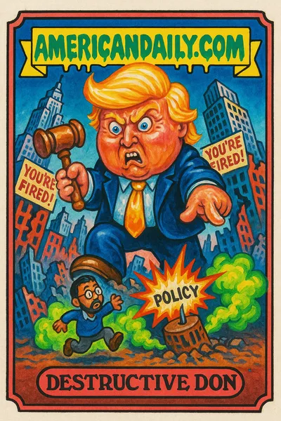 A grotesque caricature of Donald Trump with exaggerated features stands atop a cartoonishly collapsing New York City, targeting Zohran Mamdani.