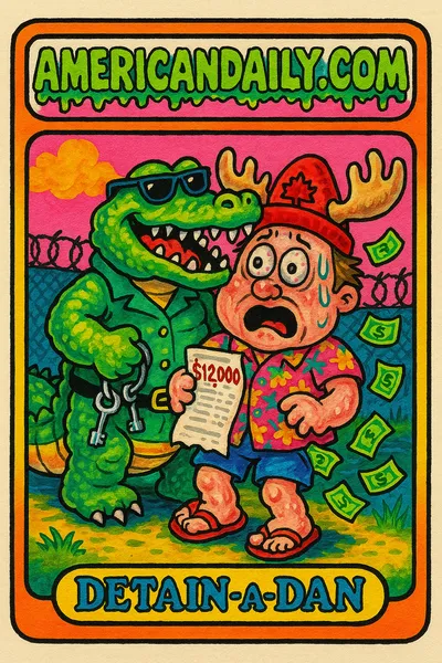 A grotesque trading card showing 'Detain-a-Dan,' a Canadian panicking as an alligator holds him, surrounded by dollar notes in a swamp prison setting.