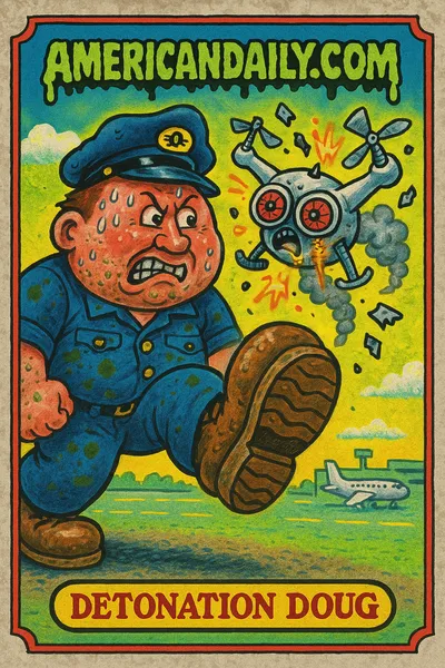 A trading card showing 'Detonation Doug,' a bus driver kicking a drone in action. The chaotic airport scene is filled with cartoonish destruction.