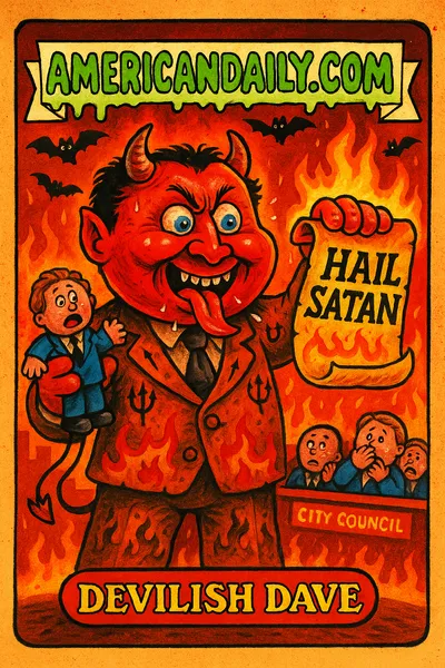 A grotesque city council member with devil horns and 'Hail Satan' scroll in a fiery chamber, embodying chaos and humor.