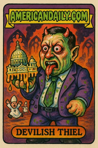 Satirical illustration of 'Devilish Thiel' with devil horns and a melting Vatican model in a grotesque Garbage Pail Kids style.