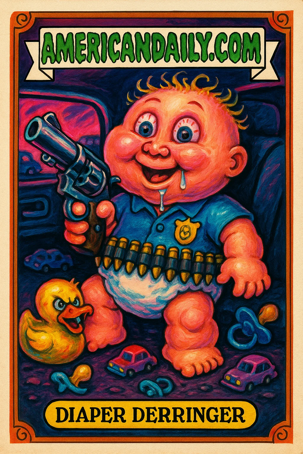 A grotesque toddler with a massive head holds an oversized revolver, wearing a diaper filled with bullets. Sinister baby toys scattered around illustrate a surreal traffic stop scene, oozing with humor and shock.