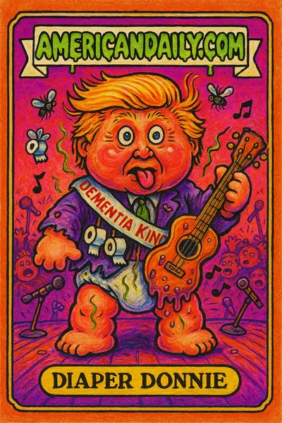 A caricature of Donald Trump in an oversized diaper with a sash reading 'Dementia King', surrounded by chaos and flies, in a Garbage Pail Kids-inspired style.