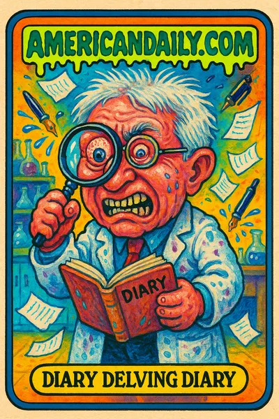 A grotesque parody of Dr. Fauci with wild hair, frantic eyes, surrounded by flying diary pages and a cluttered lab. Banner reads 'Diary Delving Diary'.