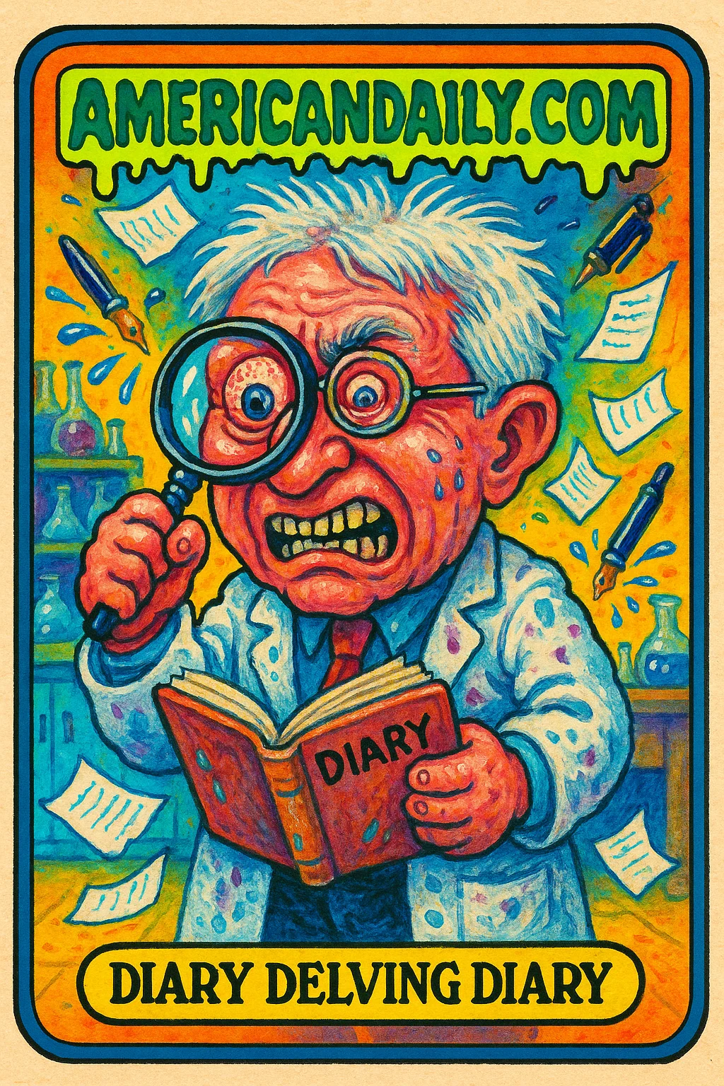 A grotesque parody of Dr. Fauci with wild hair, frantic eyes, surrounded by flying diary pages and a cluttered lab. Banner reads 'Diary Delving Diary'.