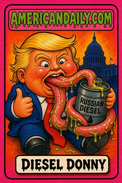 Trading card of 'Diesel Donny', a caricature of Trump as a Garbage Pail Kid with an exaggerated slimy tongue wrapping around a 'Russian Diesel' barrel against a Capitol backdrop.
