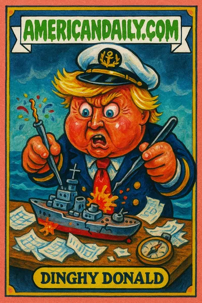 A satirical trading card featuring an exaggerated cartoon of Donald Trump as a captain micromanaging a poorly designed warship model.