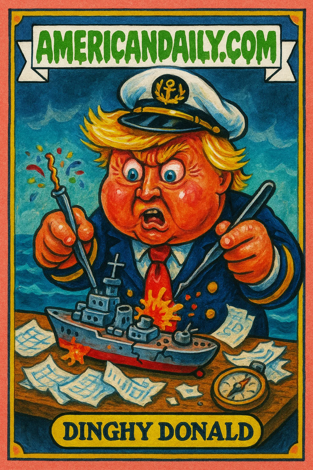 A satirical trading card featuring an exaggerated cartoon of Donald Trump as a captain micromanaging a poorly designed warship model.