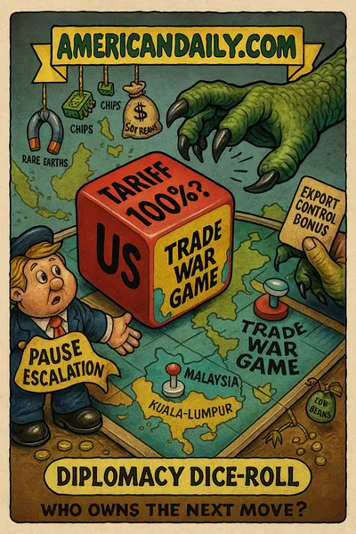 Parody trading card: a massive red-and-yellow dice marked "TARIFF 100%?" rolls across a "Trade War Game" board. A cartoon U.S. figure offers a handshake labelled "Pause Escalation," while a dragon-hand labelled "China" hovers over a card marked "Export Control Bonus." The game board sits on a map with Malaysia marked, and supply-chain icons hang by threads. Top banner reads "AMERICANDAILY.COM."