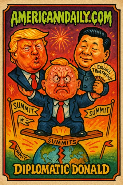 Diplomatic Donald with an exaggerated head balances busts of Trump and Xi, standing on a splitting globe with a seesaw labeled 'Summits'.