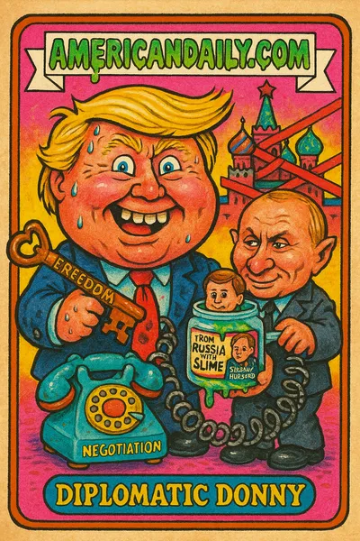 Grotesque cartoon of a political figure 'Diplomatic Donny', with exaggerated features, holding a rusty key, surrounded by chaotic symbols of diplomacy.