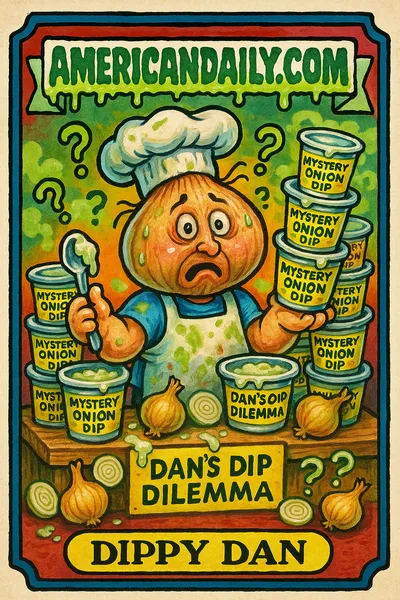 A cartoon of 'Dippy Dan', an onion-headed chef frantically juggling tubs of onion dip, surrounded by a chaotic market scene.
