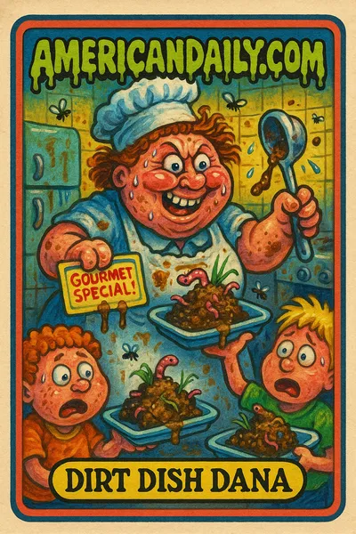 A grotesque school cook serving dirt mistaken for food, with horrified students around, in a colorful cartoon style reminiscent of Garbage Pail Kids.