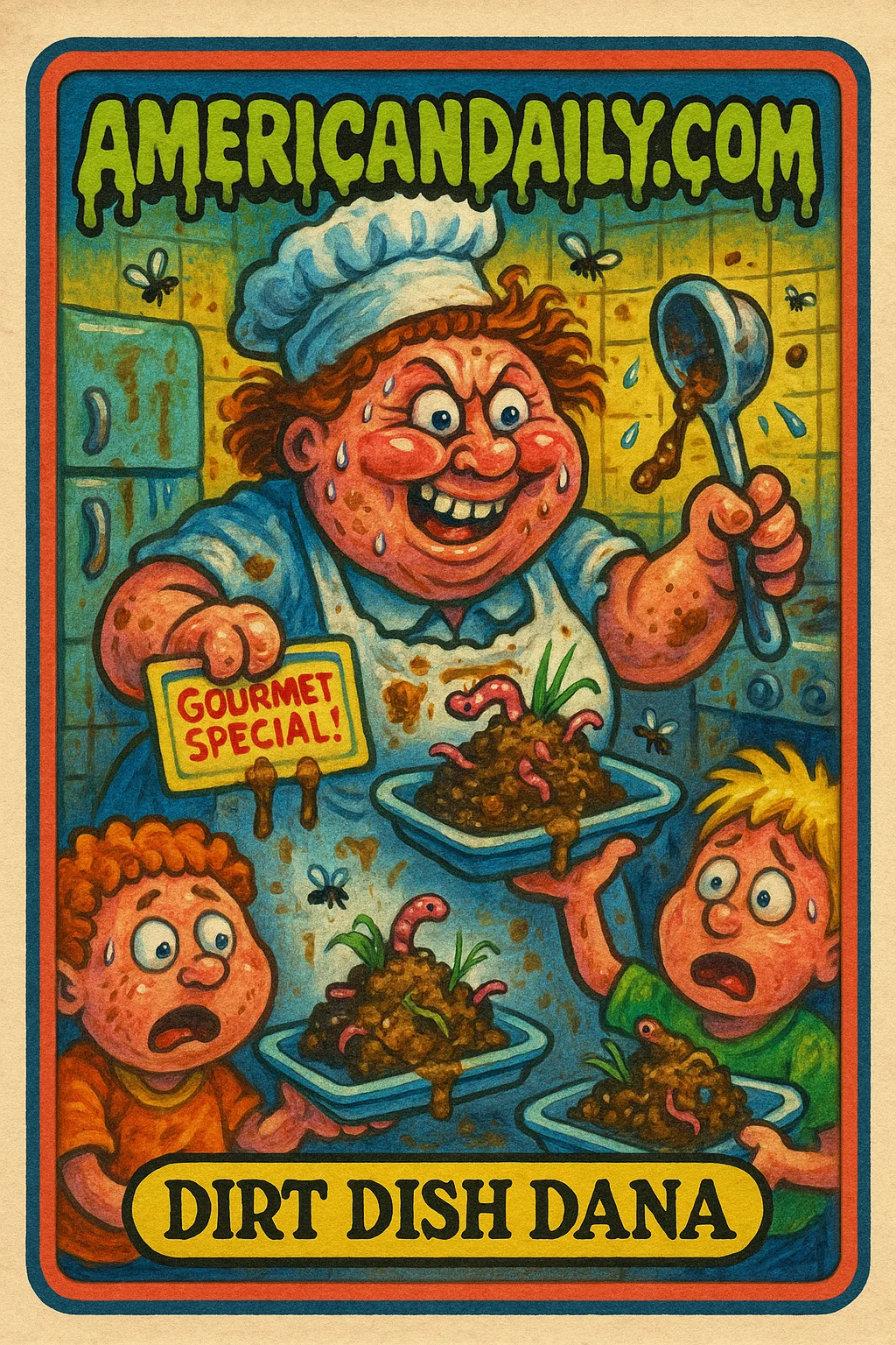 A grotesque school cook serving dirt mistaken for food, with horrified students around, in a colorful cartoon style reminiscent of Garbage Pail Kids.