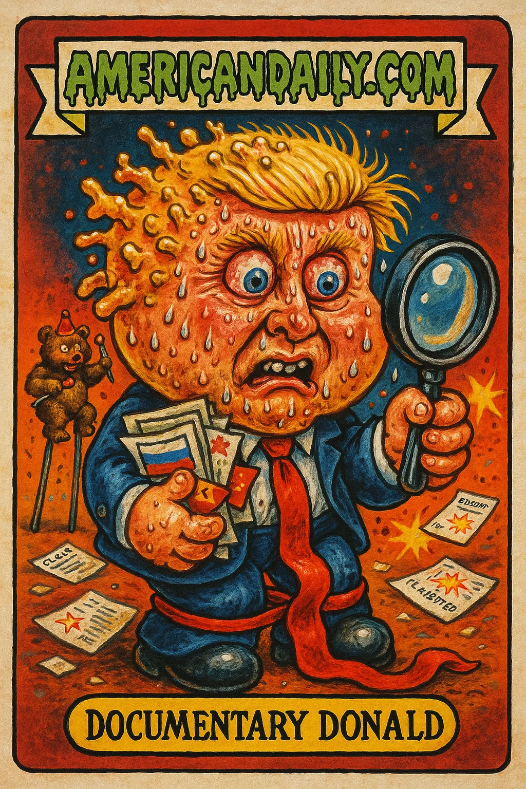 A grotesque caricature of Trump with a massive head, tiny body, holding crumpled documents labeled with Russian and Chinese flags, and a small circus bear juggling in the background.