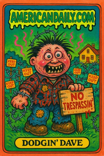 A satirical trading card of 'Dodgin’ Dave' with barbed wire hair, holding a 'No Trespassin’' sign, in a cartoonish rural setting.