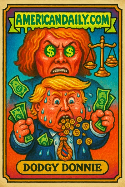 Parody card featuring an anxious Donald Trump with spewing coins and a strangling tie, alongside a fierce E. Jean Carroll demanding justice.