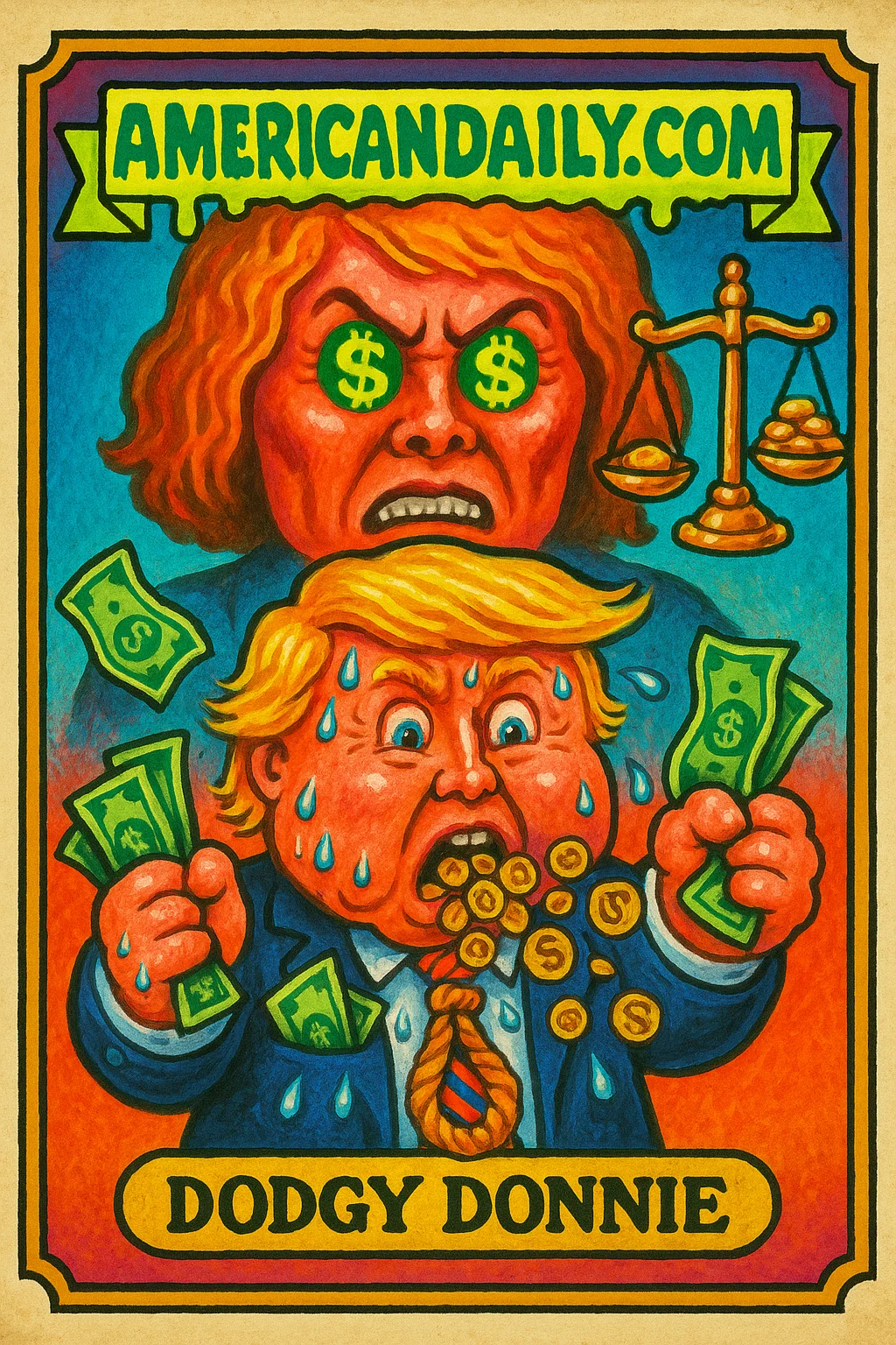 Parody card featuring an anxious Donald Trump with spewing coins and a strangling tie, alongside a fierce E. Jean Carroll demanding justice.