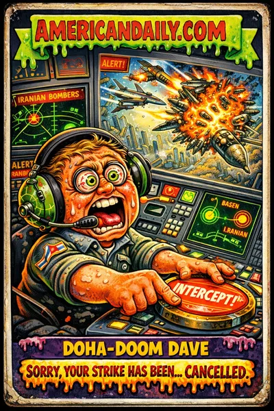 Grotesque cartoon trading card showing a frantic radar operator in Qatar intercepting Iranian bombers approaching a U.S. base while fighter jets explode enemy aircraft outside the control room window.