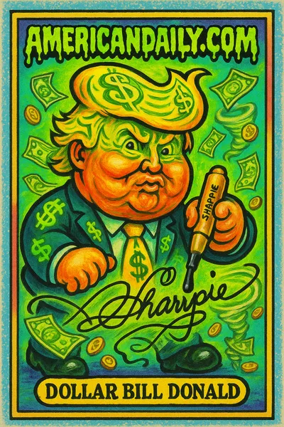 A satirical Garbage Pail Kids-style card featuring 'Dollar Bill Donald' with an oversized head resembling a dollar bill, exaggerating Donald Trump's features and signature scrawl in a chaotic currency scene.