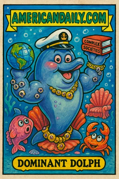 A grotesque and humorous dolphin trading card, featuring 'Dominant Dolph' with exaggerated human arms and a goofy captain's demeanor.