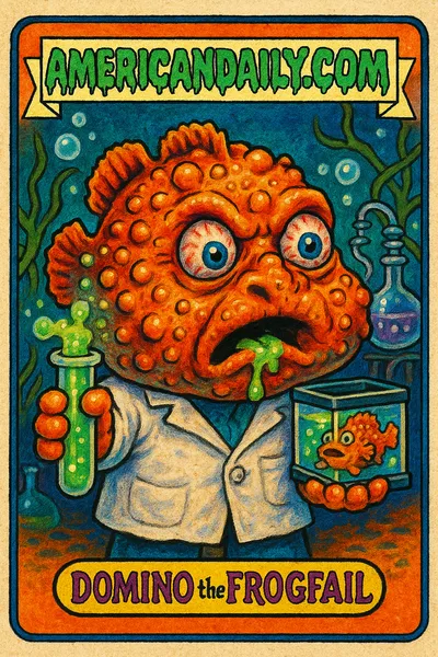 A grotesque cartoon frogfish with warts, bulging eyes, and a giant mouth wearing a lab coat, holding a test tube and fish tank. Underwater lab background.
